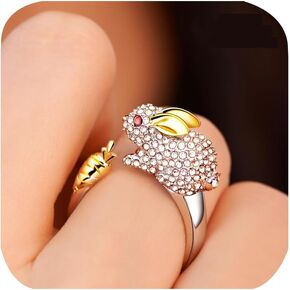 Cute Rabbit Carrot Animal Rings for Women Cubic Zirconia Crystals Cuff Adjustable Pet Ring Jewelry for Animal lovers Stacking Eternity Lovely Opening Ring Easter Birthday Gift