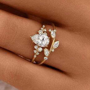 Metmejiao Moissanite Rings 2PCS Engagement Rings Set 14K Gold Plated Wedding Band Set for Women Thin Stacking Rings Set Cubic Zirconia Eternity Engagement Rings Set 9