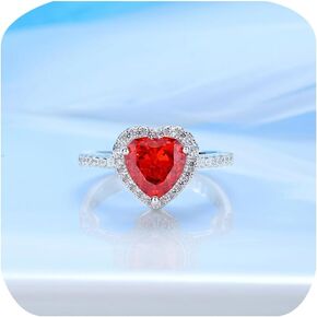 Classic red heart-shaped Halo Ring for Women 925 Sterling Silver Simulated gemstone Love-heart shape Cubic Zirconia CZ Statement Wedding Engagement Promise Valentine's Day Anniversary Rings Size 7