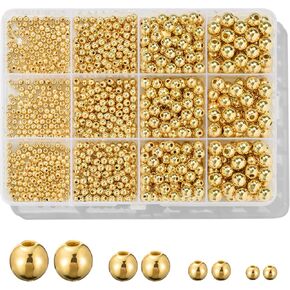 1100 Pcs Gold Beads Smooth Round Beads 3/4/6/8mm Gold Spacer Loose Ball Bead Kits Gold Filled Beads for Bracelet Jewelry Making