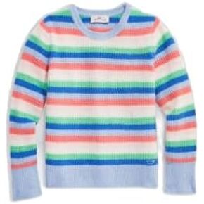 vineyard vines Girls' Striped Waffle Crewneck Sweater, Calm Waters, XL