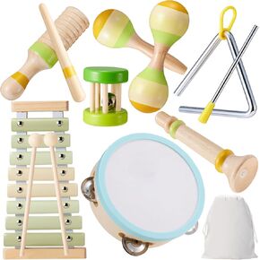 Baby Musical Instruments Set - Neutral Colors Toddlers Montessori Music Toys, Wooden Percussion Instruments Set with Modern Boho Xylophone for Kids Boys Girls Gifts with Storage Bag