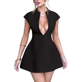YMDUCH Women's Sexy Deep V Neck Cap Sleeve A-line Mini Club Party Dress