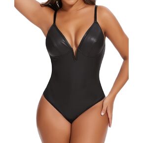 SHAPERIN Women's Deep V Neck Faux Leather Corset Bodysuit Tummy Control Shapewear Thong Body Shaper Plunge Cami Top