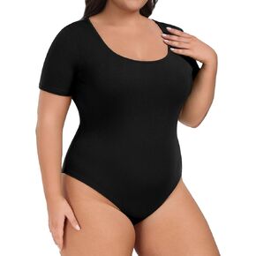 Women Plus Size Bodysuit Short Sleeve Scoop Neck Casual Slim Fit Stretchy Bodysuits