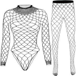 2Pcs Fishnet Bodysuit Stretch Rave Outfit for Women Ladies,Long Sleeve Romper Top+High Waist Tights Stocking Set,XS-XXL