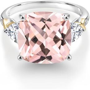 Gem Stone King 8.47 Cttw Peach Nano Morganite White Moissanite and Diamond Ring For Women In 925 Silver and 10K Yellow | 12MM Cushion and 5MM Trillion | Available in Size 5,6,7,8,9