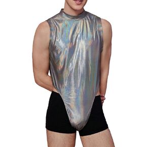 WDIRARA Men's Metallic Mock Neck Tank Tops Bodysuit Sleeveless Tee Tops Bodysuit