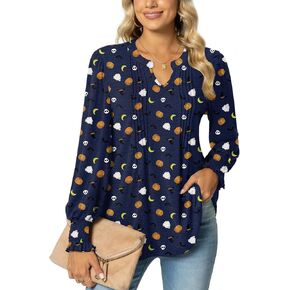 syoss Women's V-Neck Puff Long Sleeve Pleated T-Shirts Fashion Fall Tops Casual Tunic Blouses with Smocked Cuffs