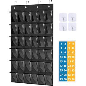 MISSLO Cell Phone Pocket Chart for Classroom with 36 Modern Number Stickers Over The Door Calculator Holder for Wall Mount Clear Hanging Cell Phone Holder Classroom Storage Organizer, Black