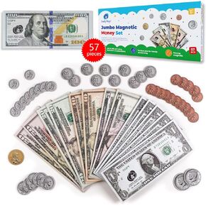 Simply magic 57 PCS Jumbo Magnetic Money - Large Play Money for Kids for Learning, Pretend Money for Classroom Teaching, Toy Money Class Money Set, Magnetic Coins, Money Games, Money Manipulatives
