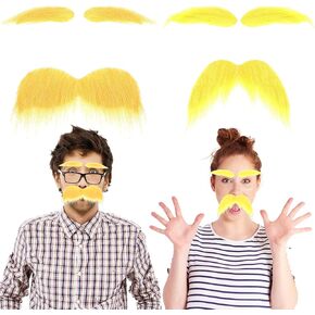 2Pcs Yellow Mustache and Eyebrows Self Adhesive Fake Beard Funny Novelty Moustaches Beard Facial Hair Costume Accessories for Halloween Party Favors Cosplay Costume