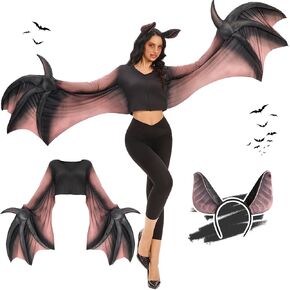 Funnlot Bat Costume Women Set, Bat Wings Costume with Bat Ear Headband Adult Halloween Costumes for Women Role Play Two Size
