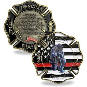 Joygulls U.S. Firefighter Military Challenge Coin Thin Red Line US Flag Prayer Coin