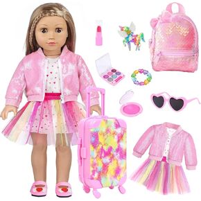 American 18 Inch Doll Clothes and Accessories with Travel Suitcase and Makeup fit 18 Inch Doll Includes Suitcase, Backpack, Sunglasses Lipstick, Eyeshadow Palette, Bracelet, Hair, Blusher
