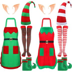 Liitrsh 10 Pcs Christmas Elf Costume Set for Women Adult Include 2 Pcs Elf Fabric Apron 2 Pcs Elf Long Velvet Hat 2 Pair Elf Striped Stockings 2 Pair Elf Ear 2 Pair Elf Shoes for Cosplay Xmas Party