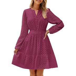 ZESICA Women's 2024 Long Sleeve Mini Dress Fall V Neck Hollow Out Eyelet Embroidery Ruffle A Line Swing Short Dresses
