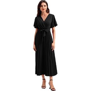 Coucoland Casual Dresses for Women - Flutter Sleeves Belt A-Line Pleated Cross V Neck Dresses Short Sleeve Formal Work