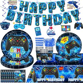 Gamer Birthday Party Decorations Tableware Set, Video Game Birthday Decorations Tableware Serve for 25 Guests, Include Banner, Plates, Napkins, and Tablecloth, Etc, for Boys Birthday Party