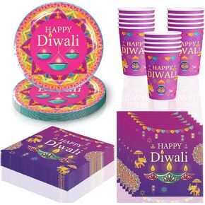 60 قطعة من لوازم حفلات الديوالي، أدوات مائدة للاستعمال مرة واحدة لحفلات الديوالي السعيدة تتضمن أطباق وأكواب ومناديل وديكورات حفلات مهرجان الأضواء الهندي (يخدم 20 شخصًا) in Kuwait