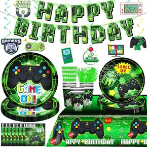 Gamer Birthday Party Decorations Tableware Set, Video Game Birthday Decorations Tableware Serve for 25 Guests, Include Banner, Plates, Napkins, and Tablecloth, Etc, for Boys Birthday Party