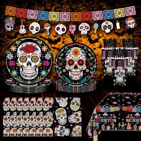 130 قطعة من لوازم الحفلات على شكل جمجمة مع أطباق ورقية ذات هيكل عظمي، ومناديل أطباق الكيك، وأكواب وأدوات مائدة لديكورات حفلات أعياد الميلاد على شكل جمجمة، ومجموعة أواني طعام للاستعمال مرة واحدة (تخدم 10 أشخاص) in Kuwait