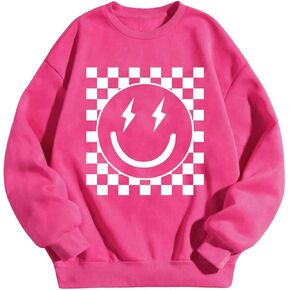 SHENHE Girl's Checkered Sweatshirt Smile Face Graphic Crew Neck Cute Sweatshirt Pullover Top
