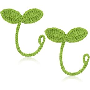 2pcs Knitted Crochet Leaf Sprout, Handmade Crochet Plant Bookmark Green Sprout Crochet Ornament Knitted Bookmark Decorative Leaf Embellishment for Cable Tie, Headphone Accessory