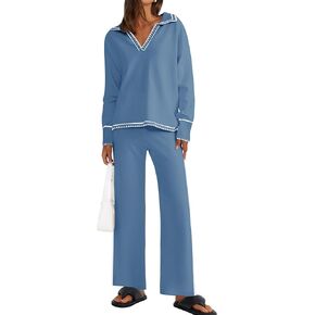 ZESICA Women's 2 Piece Fall Outfits Long Sleeve V Neck Knit Sweater Tops Wide Leg Pants Sweatsuit Lounge Sets
