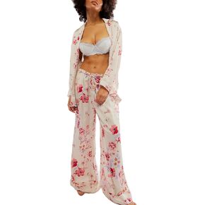 Argeousgor Women Floral Pajama Sets Silk Satin Lounge Set Long Sleeve Button Down Shirt Pants 2 piece Pjs Sleepwear