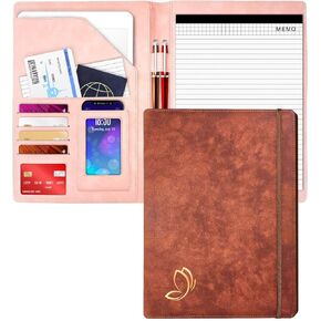 Portfolio Binder for Women, Brown Leather Padfolio for Women, with Notepad, Leather Folder Portfolio, with a Gold Accent Butterfly, Pink Interior Portfolio Organizer