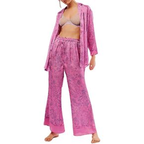 Argeousgor Women Floral Pajama Sets Silk Satin Lounge Set Long Sleeve Button Down Shirt Pants 2 piece Pjs Sleepwear in Kuwait