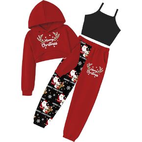 Girls Outfits 3 Piece Fashion Irregular Letter Crop Tops Hoodie with Knitted Vest Color Block Camo Sweatpant Set