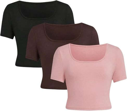 SOLY HUX Girl's Square Neck Short Sleeve T Shirts 3 Packs Basic Crop Tops Slim Fitted Tees in Saudi Arabia
