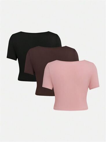 SOLY HUX Girl's Square Neck Short Sleeve T Shirts 3 Packs Basic Crop Tops Slim Fitted Tees in Saudi Arabia