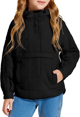 Haloumoning Girls Winter Quilted Hoodies Kids Pullover Hooded Sweatshirts with Pockets 5-14 Years in Saudi Arabia