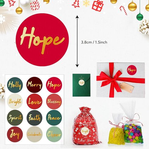 600 Pcs Gold Foil Christmas Stickers for Envelopes,1.5 Inch Self Adhesive Inspirational Positive Word Holiday Stickers Christmas Envelopes Seals Stickers for Holiday Party Card Gift Wrapping,12 Styles in Saudi Arabia