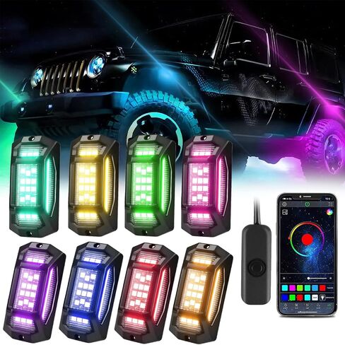 YUGUANG 8 Pods Rock Lights, APP Control Rock Lights for Trucks Music Sync Multicolor Waterproof RGB Underglow LED Lights kit for Car Truck UTV ATV RZR SUV in Saudi Arabia