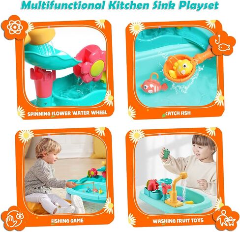 Kitchen Sink Toys, Kids Play Sink with Running Water Toddler Toys for Pretend House Role Play Kitchen Toy with Small Table, Faucet, Fishing Toys, Dishwasher with Water Cycle System Toys for Boys Girls in Saudi Arabia