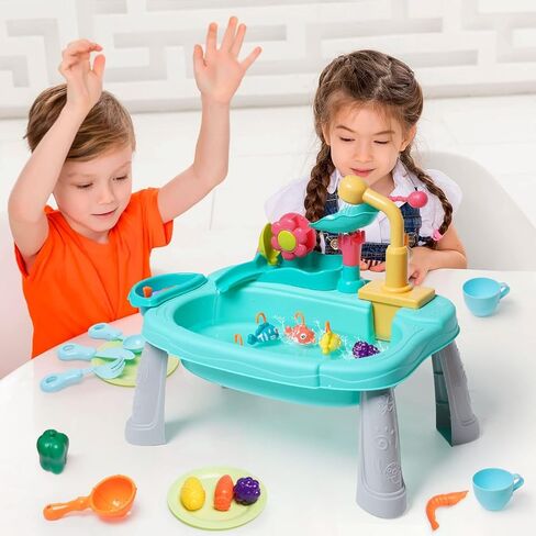 Kitchen Sink Toys, Kids Play Sink with Running Water Toddler Toys for Pretend House Role Play Kitchen Toy with Small Table, Faucet, Fishing Toys, Dishwasher with Water Cycle System Toys for Boys Girls in Saudi Arabia