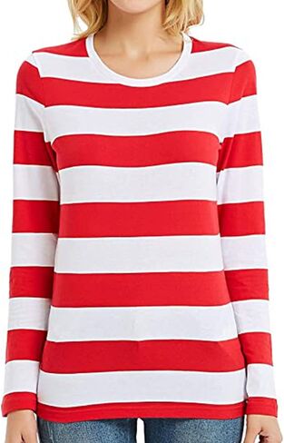 Women’s Where is Waldo Shirts Long Sleeve Striped T-Shirt Crew Neck Wide Stripes Tops Casual Tee in Saudi Arabia
