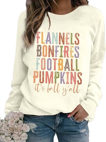 UNIQUEONE Thanksgiving Sweatshirt Women Football Sweater: Flannels Bonfires Football Pumpkin Tops Fall Pumpkin Pullover in Saudi Arabia