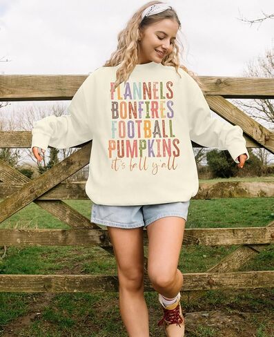UNIQUEONE Thanksgiving Sweatshirt Women Football Sweater: Flannels Bonfires Football Pumpkin Tops Fall Pumpkin Pullover in Saudi Arabia
