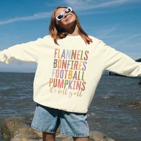 UNIQUEONE Thanksgiving Sweatshirt Women Football Sweater: Flannels Bonfires Football Pumpkin Tops Fall Pumpkin Pullover in Saudi Arabia