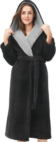DAVID ARCHY Hooded Plush Fluffy Robe Winter Warm Long Fleece Knee Length Robe for Women in Kuwait