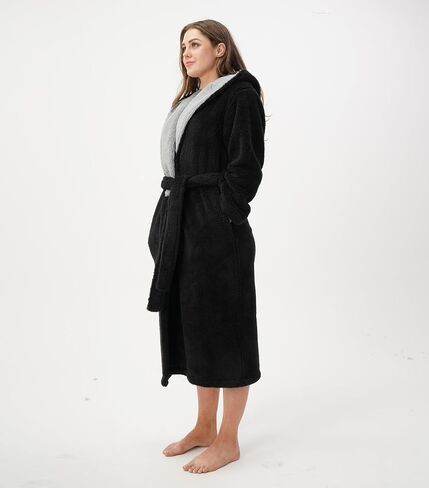 DAVID ARCHY Hooded Plush Fluffy Robe Winter Warm Long Fleece Knee Length Robe for Women in Kuwait