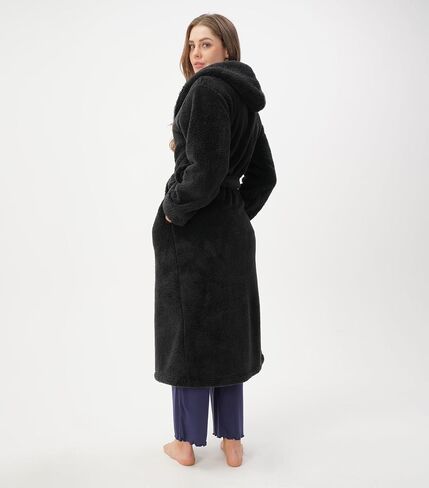 DAVID ARCHY Hooded Plush Fluffy Robe Winter Warm Long Fleece Knee Length Robe for Women in Kuwait