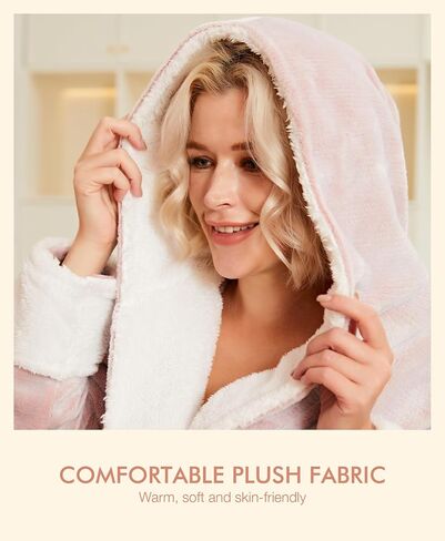MissShorthair Women's Plush Hooded Robe - Long Fleece Bathrobe with Pockets, Soft and Cozy Loungewear Robe in Saudi Arabia