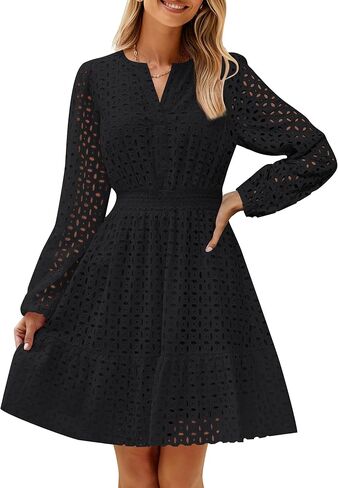 ZESICA Women's 2024 Long Sleeve Mini Dress Fall V Neck Hollow Out Eyelet Embroidery Ruffle A Line Swing Short Dresses in Saudi Arabia