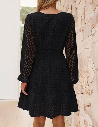 ZESICA Women's 2024 Long Sleeve Mini Dress Fall V Neck Hollow Out Eyelet Embroidery Ruffle A Line Swing Short Dresses in Saudi Arabia